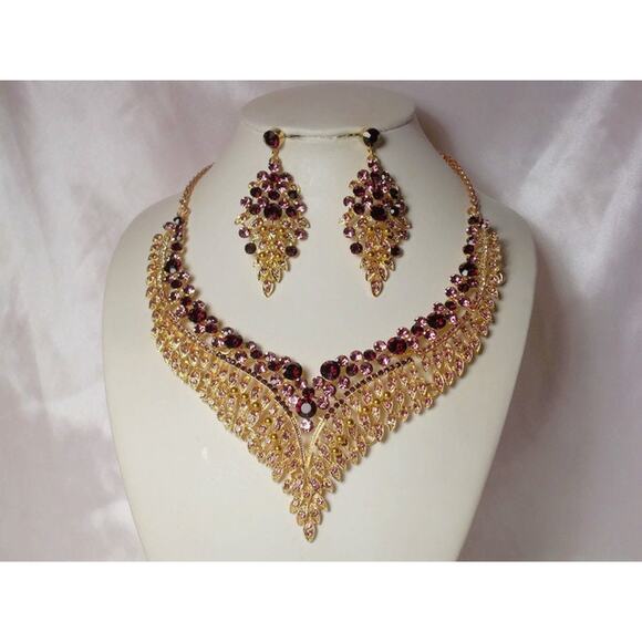 Purple necklace set, purple rhinestone set statement bridal wedding necklace, - Picture 5 of 7